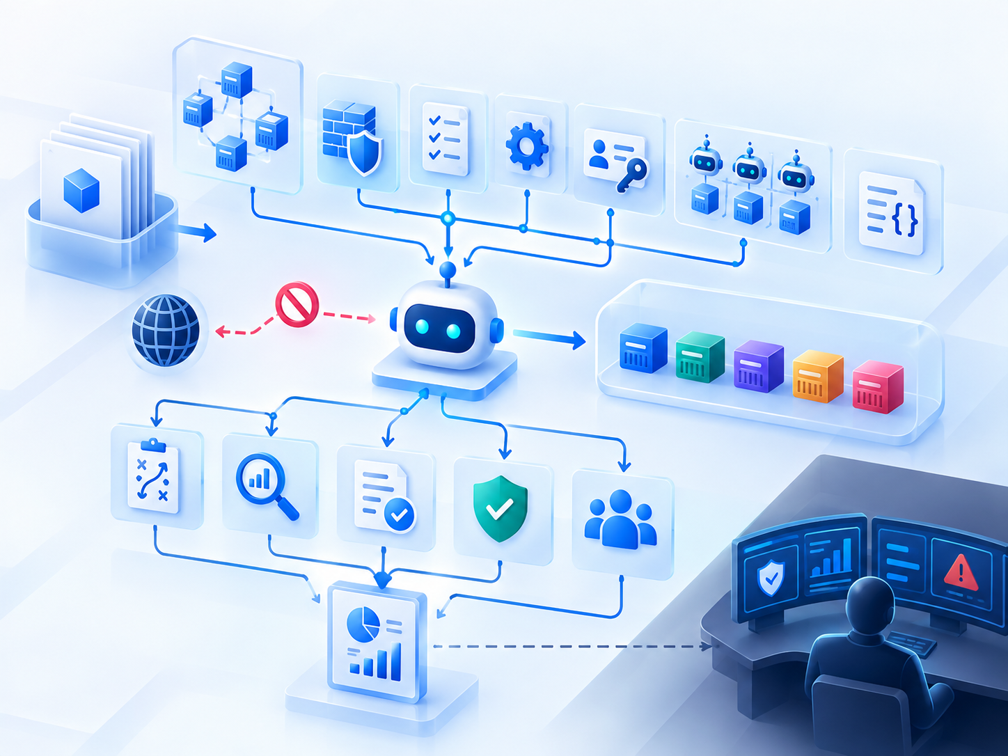 A security agent sending a proposed action through a restricted tool interface, scope validation, a hostname allowlist, and a local lab service.
