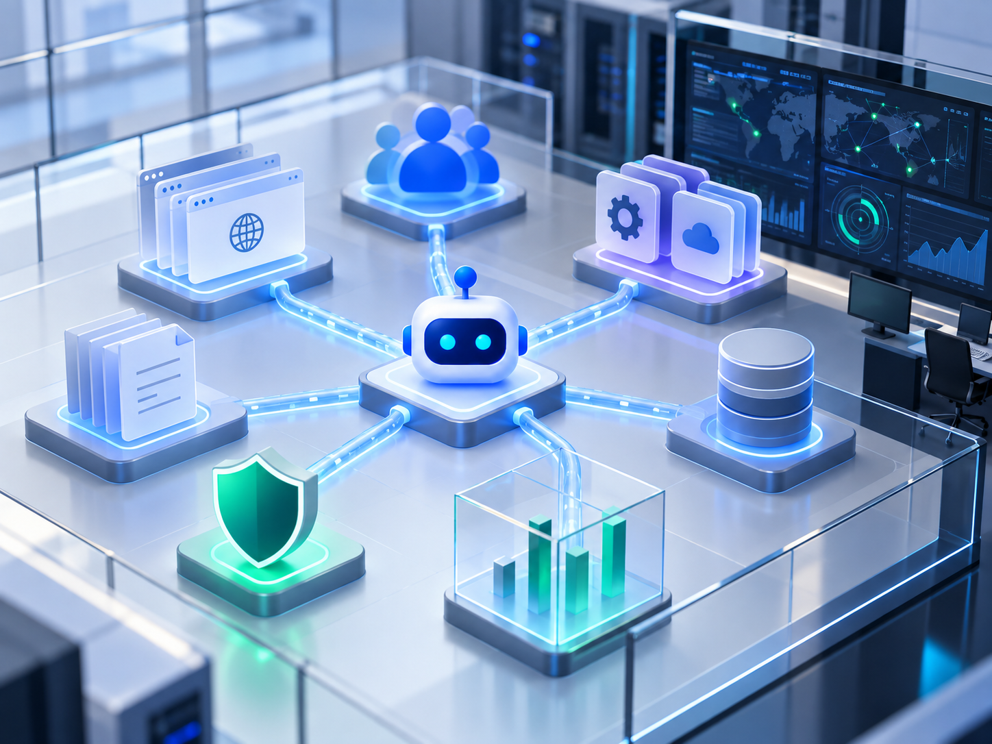 Abstract AI security lab showing a central agent connected to applications, identities, APIs, evidence, databases, and defensive monitoring systems.