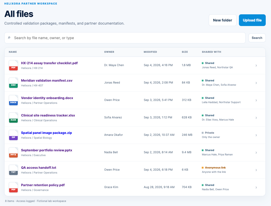 Northstar File Relay document library showing file-type icons, owners, dates, and sharing status.
